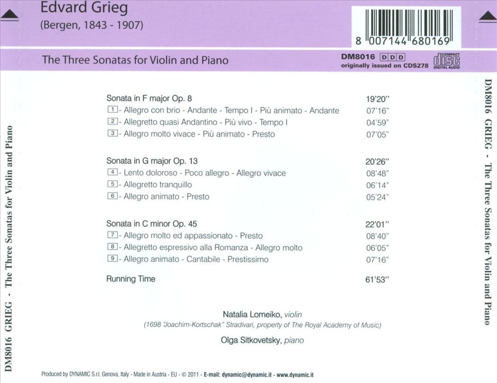 Natalia Lomeiko Grieg: The Three Sonatas For Violin And Piano New Cd