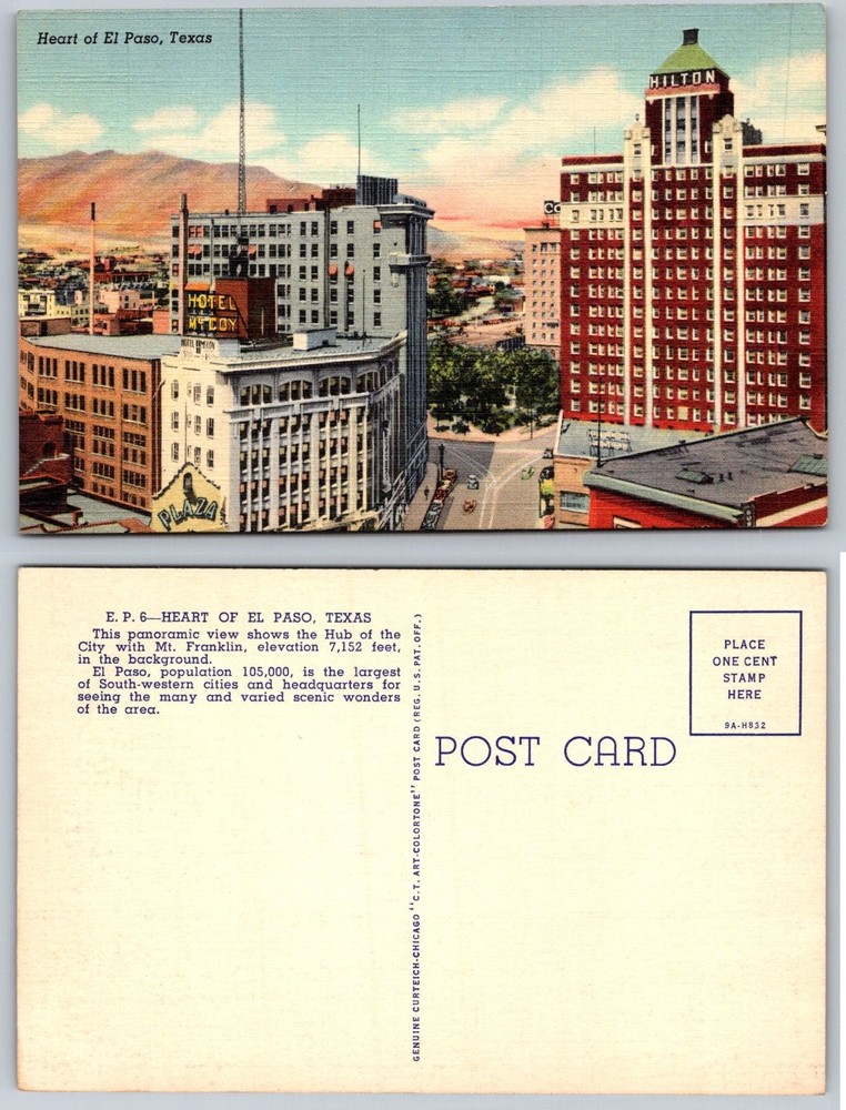El Paso Texas Heart of City Hilton Hotel McCoy Plaza Mt Franklin Postcard