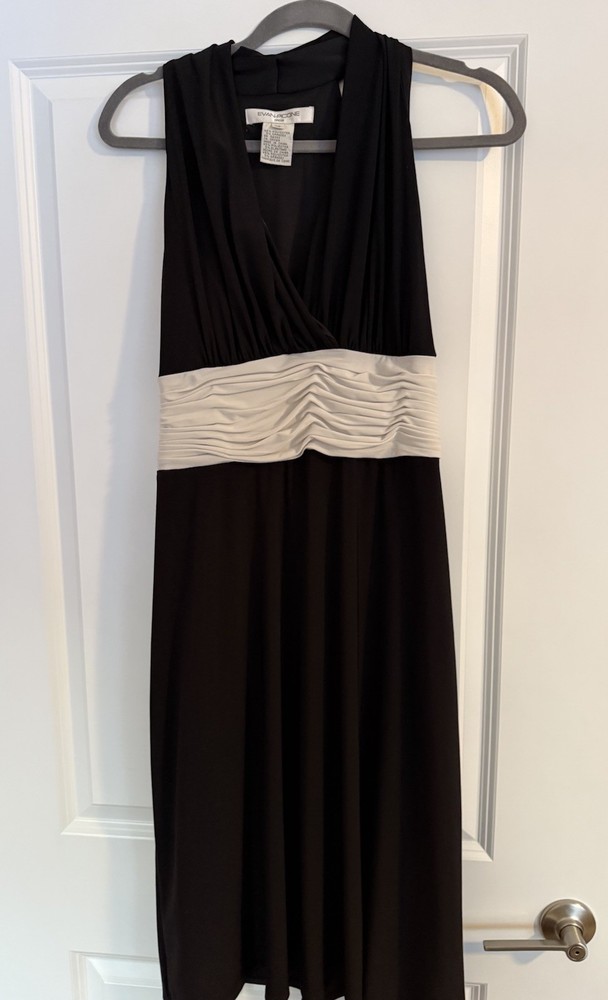 Evan Picone Black White V-Neck Halter Ruched Stretchy Cocktail Party Dress Sz 10