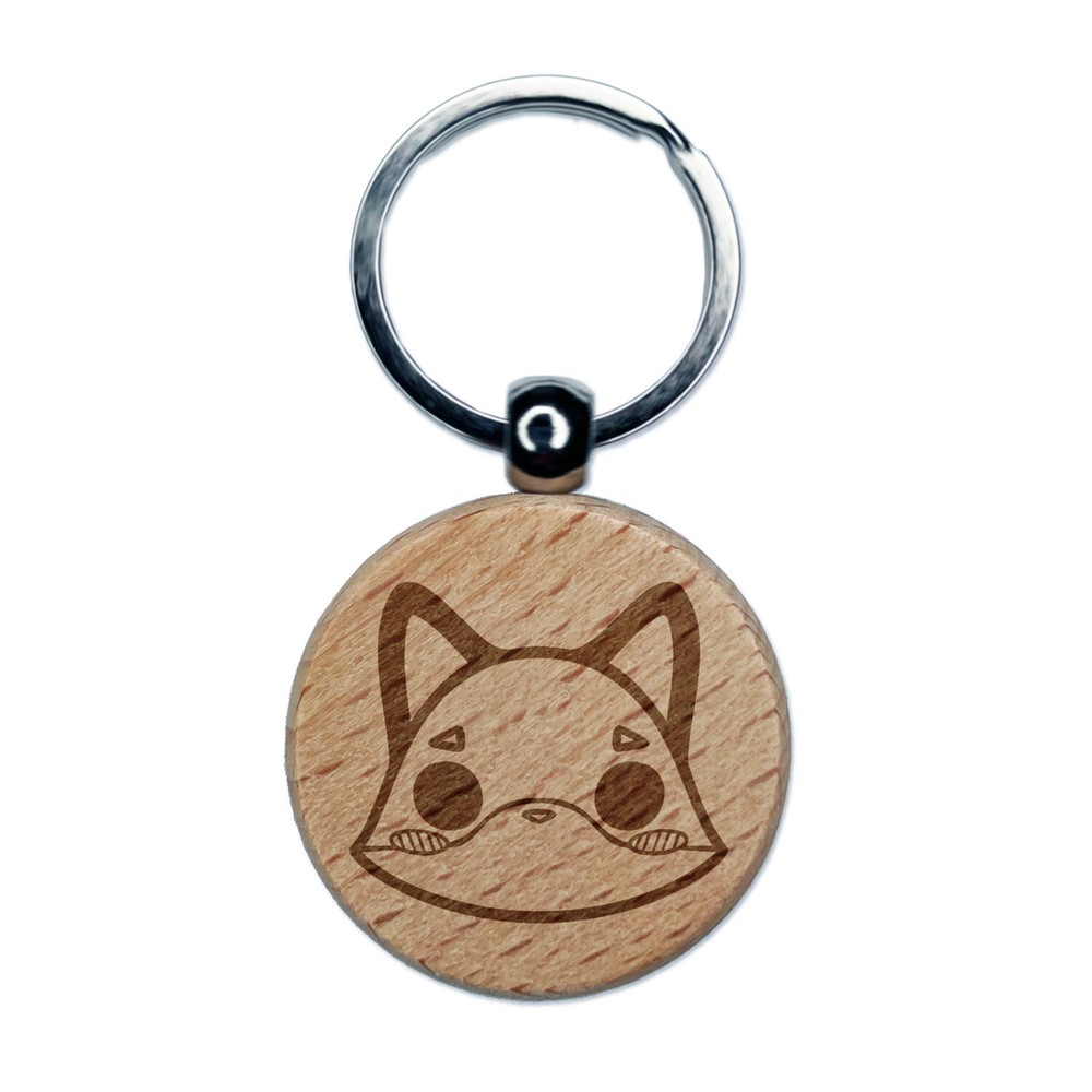 Adorable Kawaii Chibi Fox Face Blushing Cheeks Wooden Round Keychain