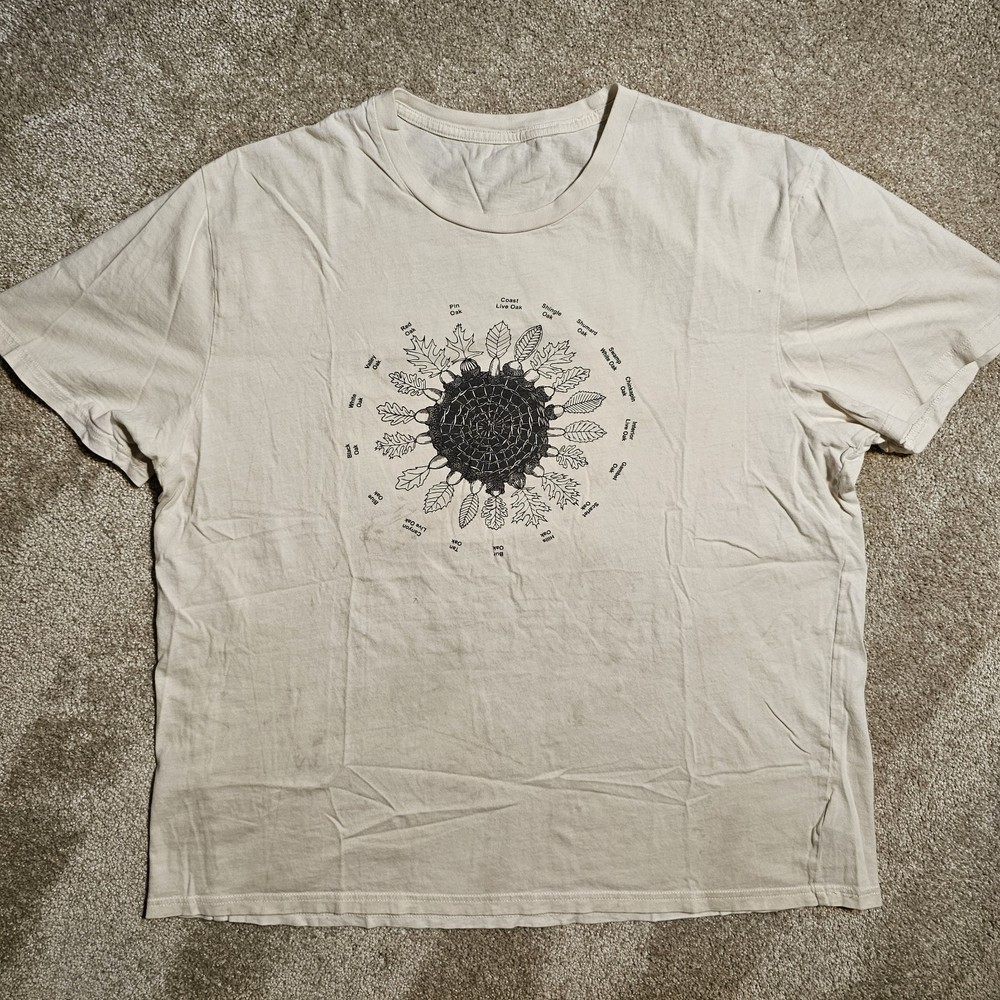 Vtg Y2k Thrashed Stained Oak Leaves XL T-Shirt White Nature GORP Trees Grunge