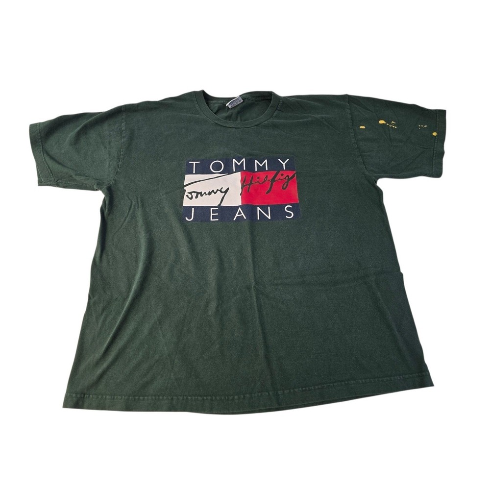 Vintage Tommy Hilfiger Tommy Jeans Graphic T-Shirt XL Green Distressed 90s Logo