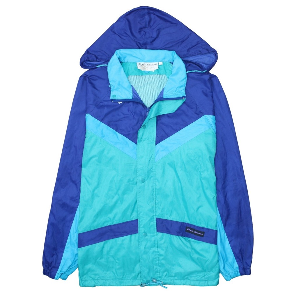 Peter Storm Mens Windbreaker Jacket Blue Colour Block Hood Zip Pockets Retro L