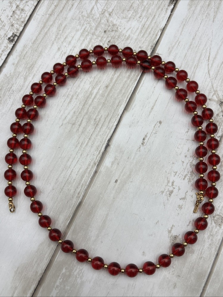 Vintage Signed Monet 1970s Red Lucite Beaded Necklace Gold Tone Spacer 27.5”