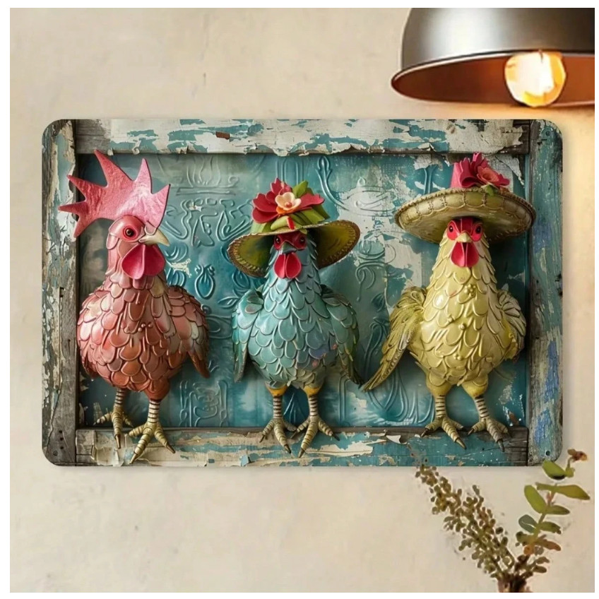 Rustic Farmhouse Vintage Metal Chicken Tin Sign, Decorative Wall Art For Home An