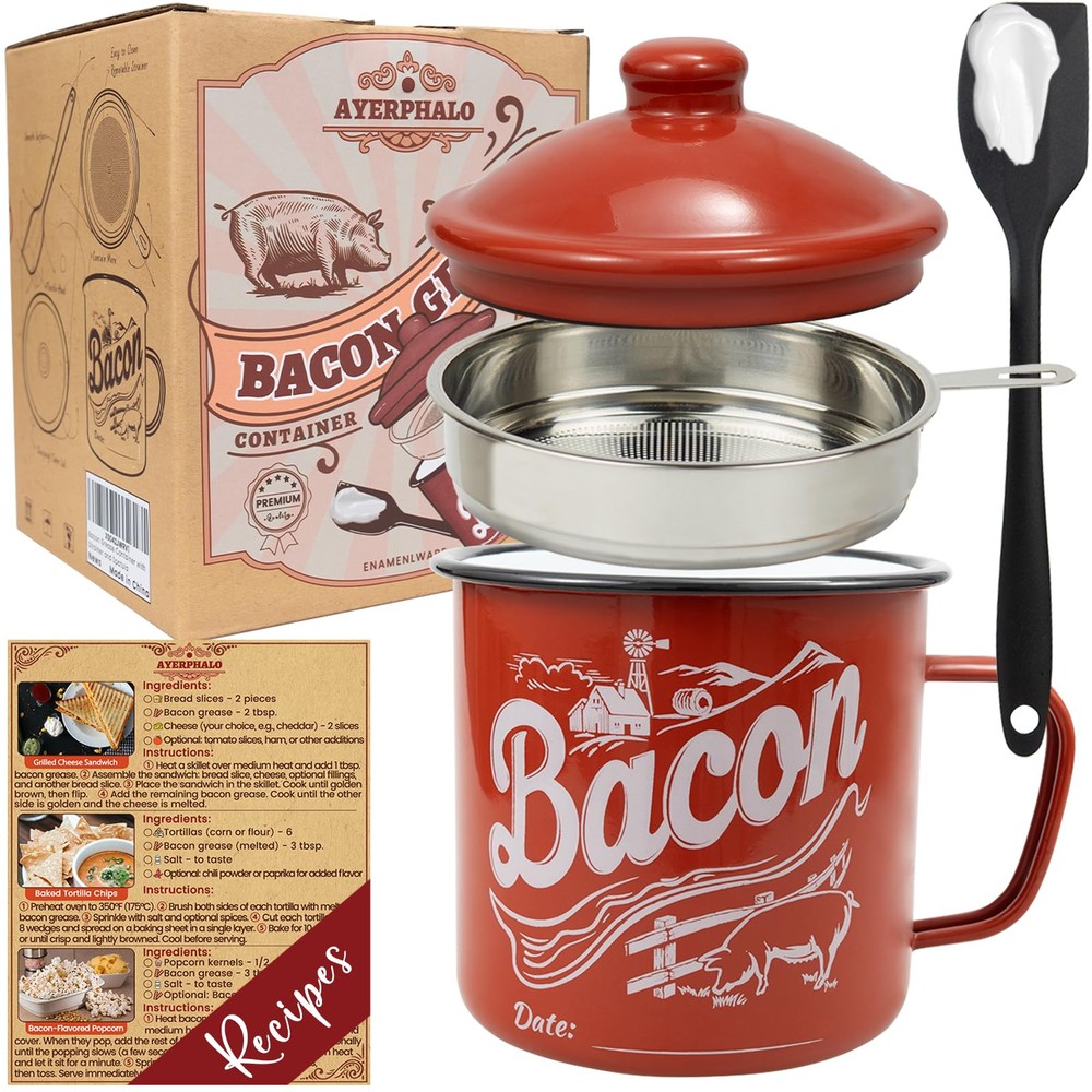 Bacon Grease Container with Strainer - With Food-Grade Silicone Spatula, 46oz...