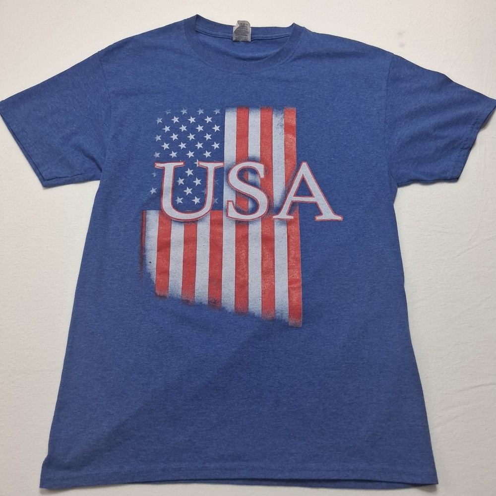 USA American Flag Men's Graphic T-Shirt Medium M Blue Heather Fruit of the Loom