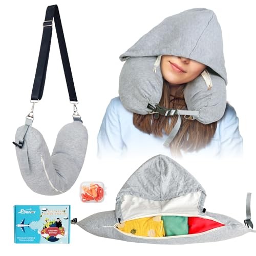 Hooded Travel Neck Pillow Light Grey - Soft & Stuffable for Comfort