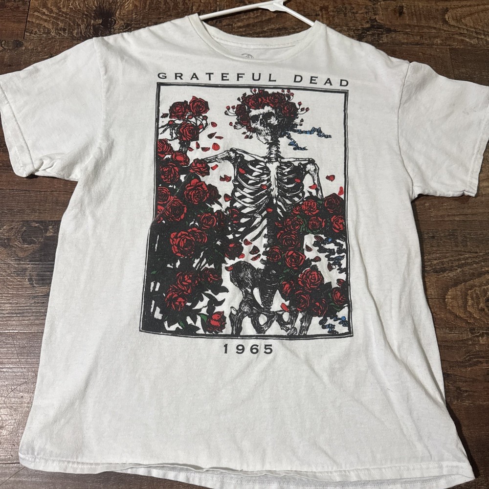 Grateful Dead Shirt Mens Large White Skeleton Roses 1965 Graphic Tee Tagless