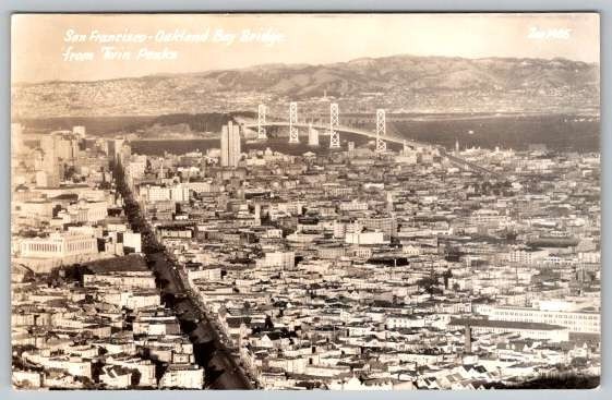 RPPC San Francisco, Oakland Bay Bridge California from Twin Peaks Postcard