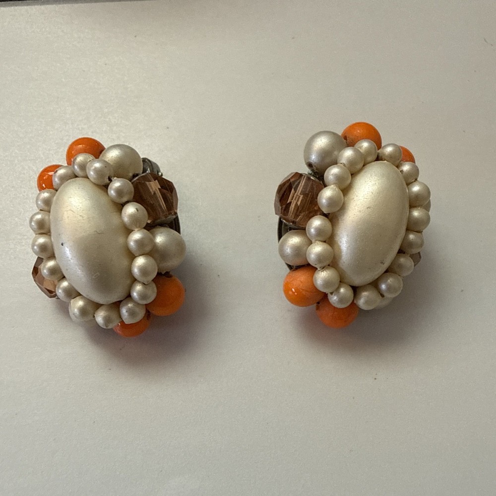 Vintage Japan Bead Cluster Clip On Earrings Orange & White Flower Retro Jewelry