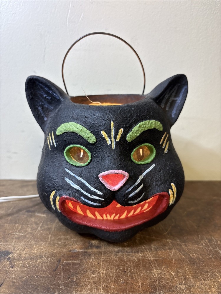 Vintage Halloween Black Cat Bucket Light Lamp Paper Mache Style