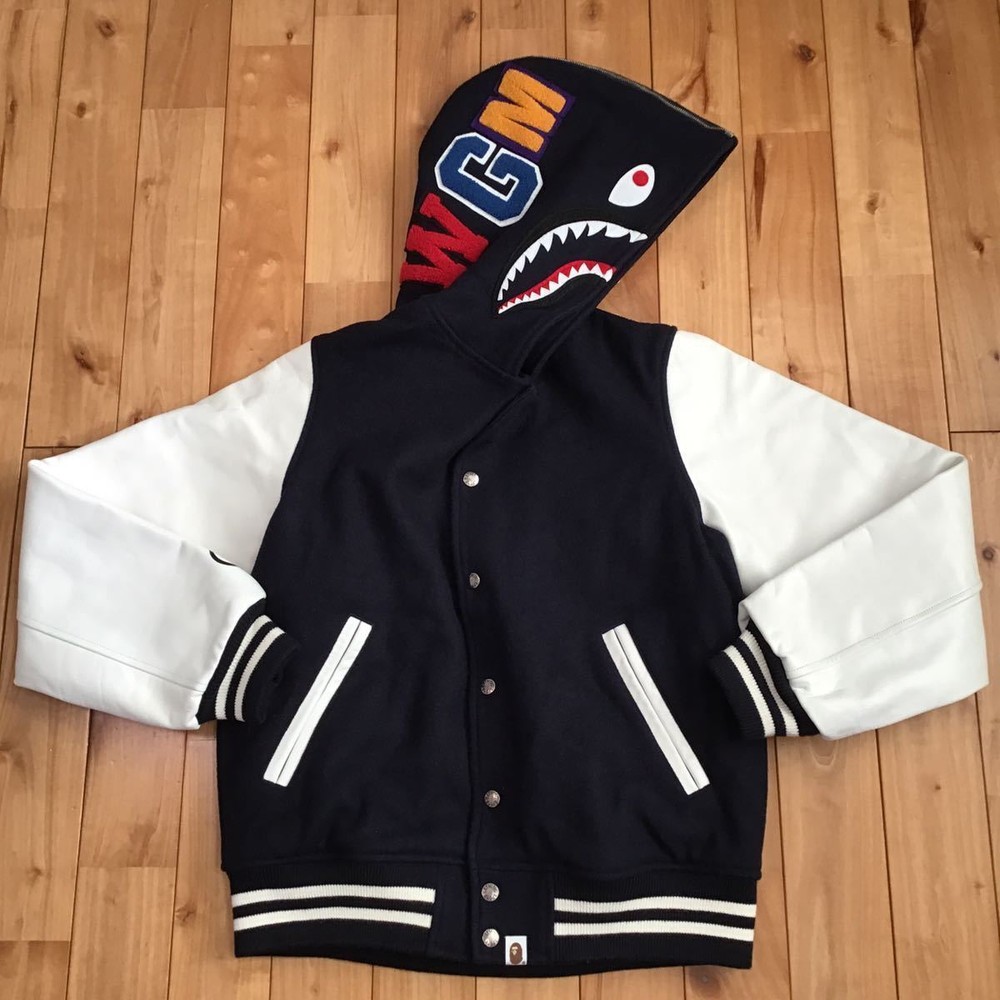 Sleeve Leather Shark Varsity Jacket L Size Navy A Bathing Ape Bape Stadium