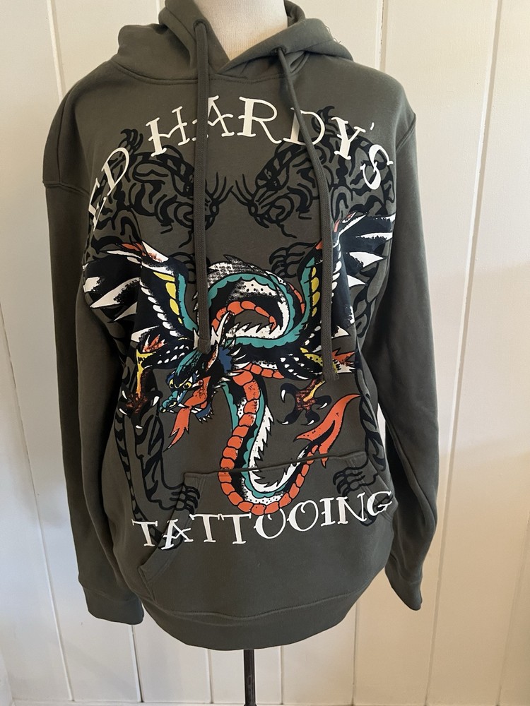 Ed Hardy Hoodie Mens  Green Dragon Tiger Fleece Pullover Sweater Y2K ,Sz M