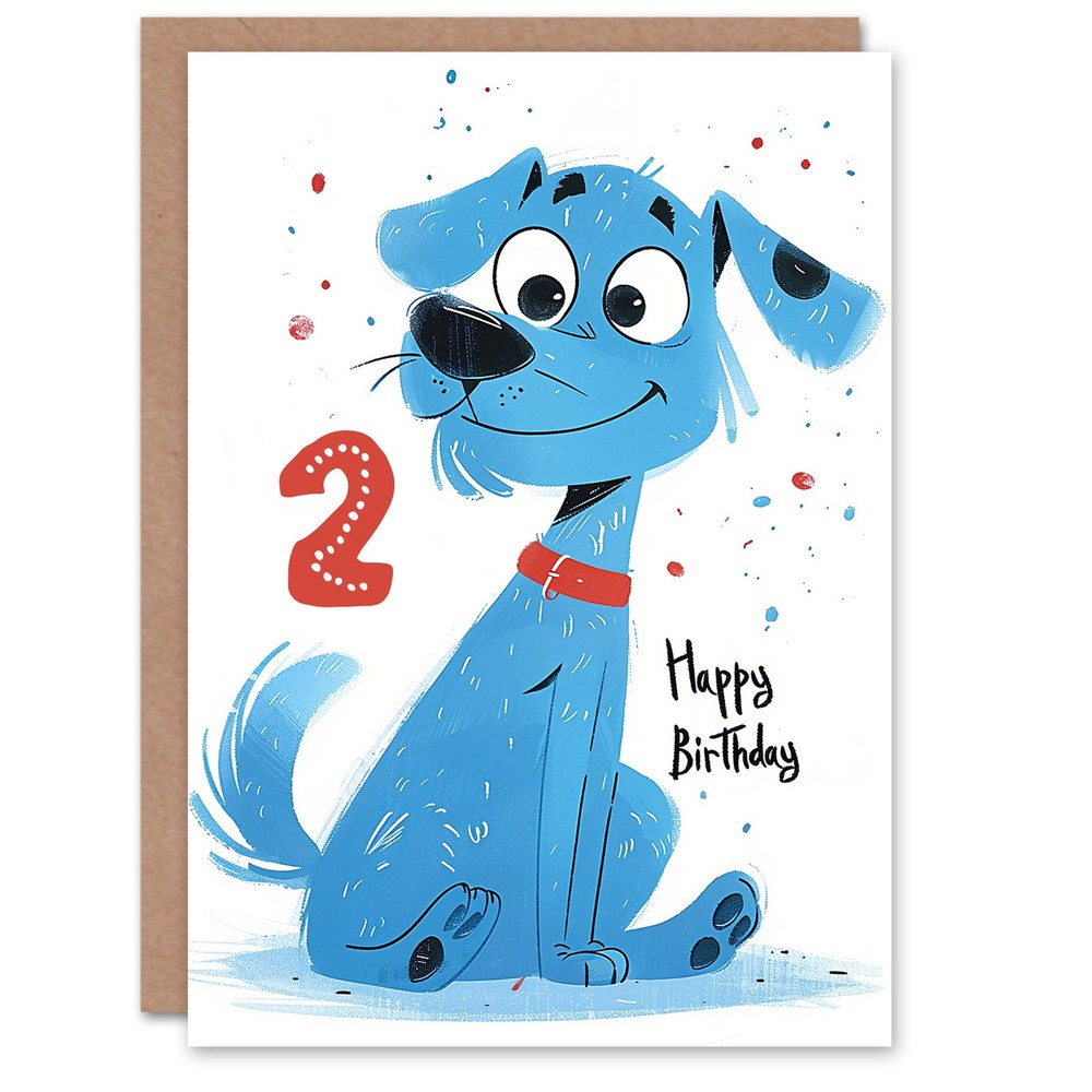 Birthday Card Blue Dog Lover Puppy Cartoon Cute 2nd 2 Year Old For Child Kids