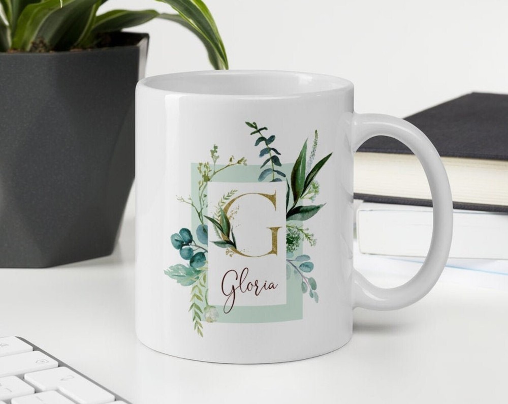 Custom Floral Monogram Mug with Watercolor Initial Letter Design