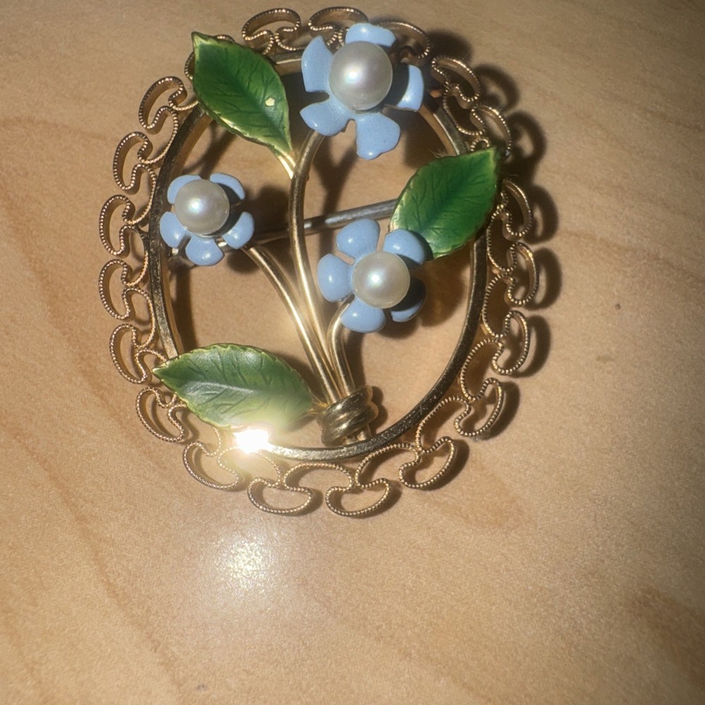 Vintage Krements Gold Filled Floral Brooch Filigree Seed Pearls Enamel Signed