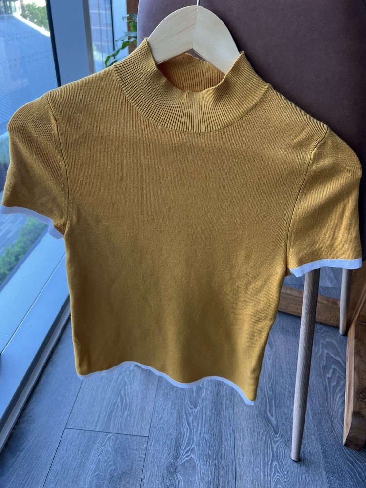 Maeve Anthropologie Mustard Yellow Mock Neck Knit Top Size S Short Sleeve