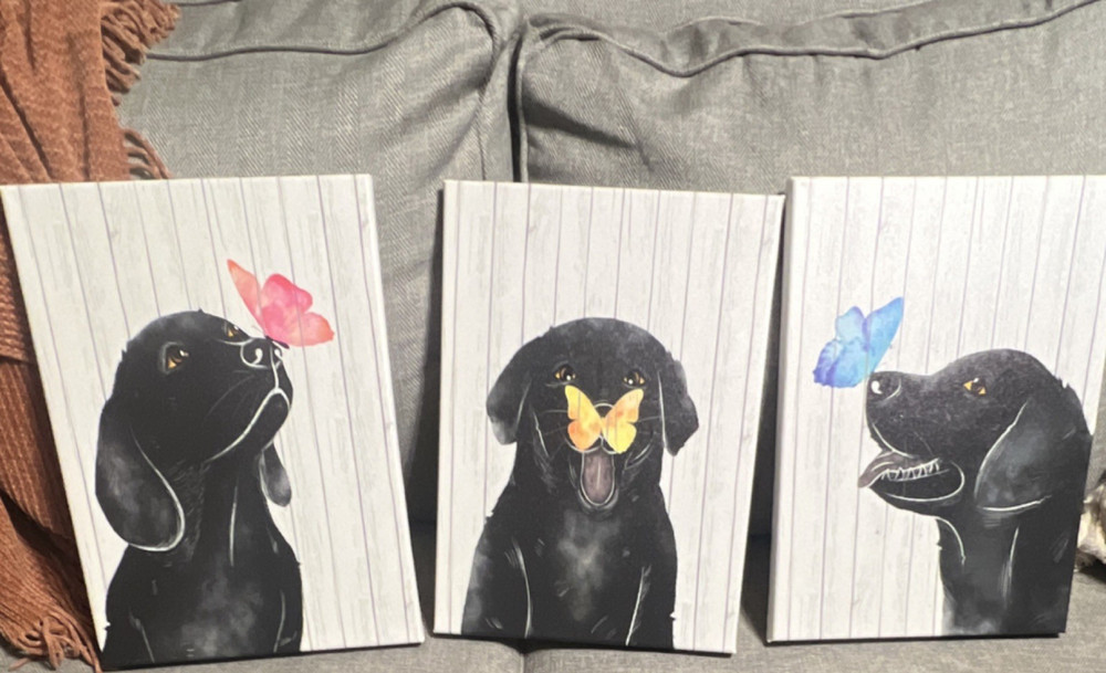Set of 3 Black Dog Canvas Print Wall Art, Ready To Hang Vertical 12 x 16