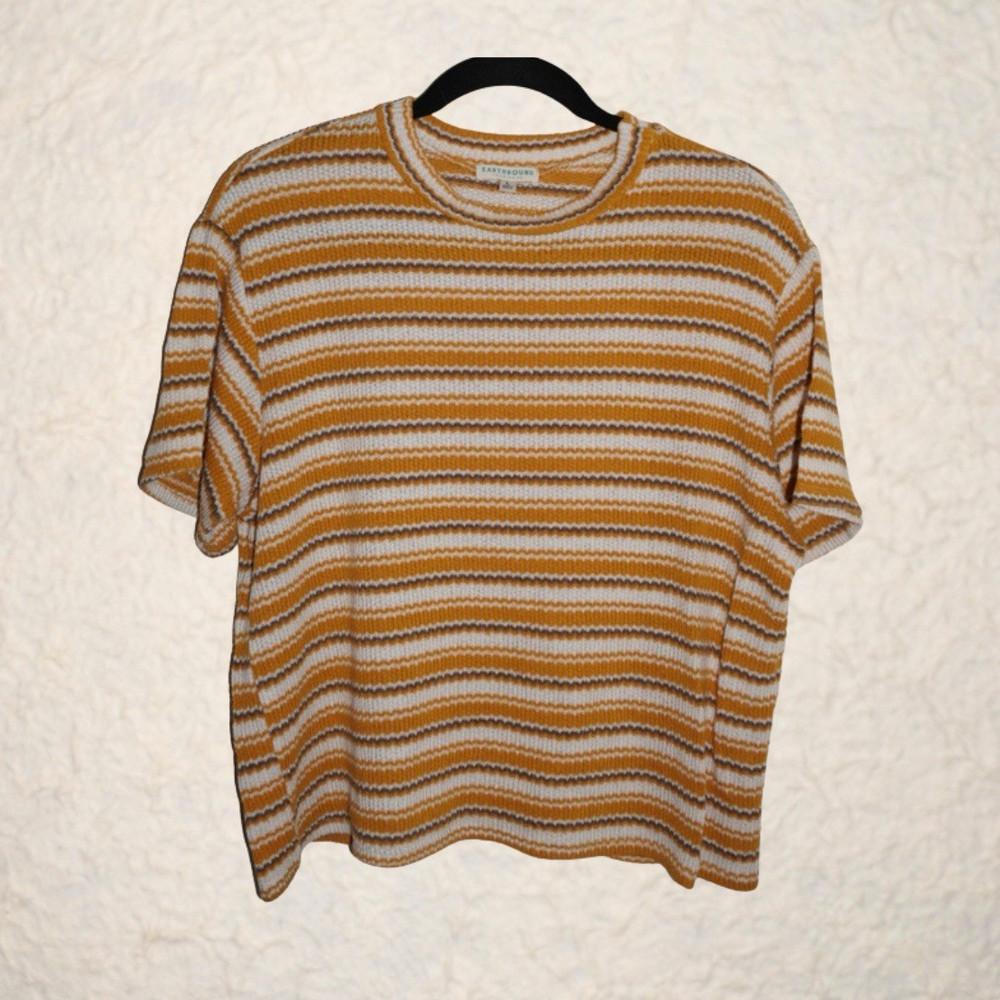 Earthbound Trading Co. Mustard Striped Crew Neck Short Sleeve Knit Tee Size L