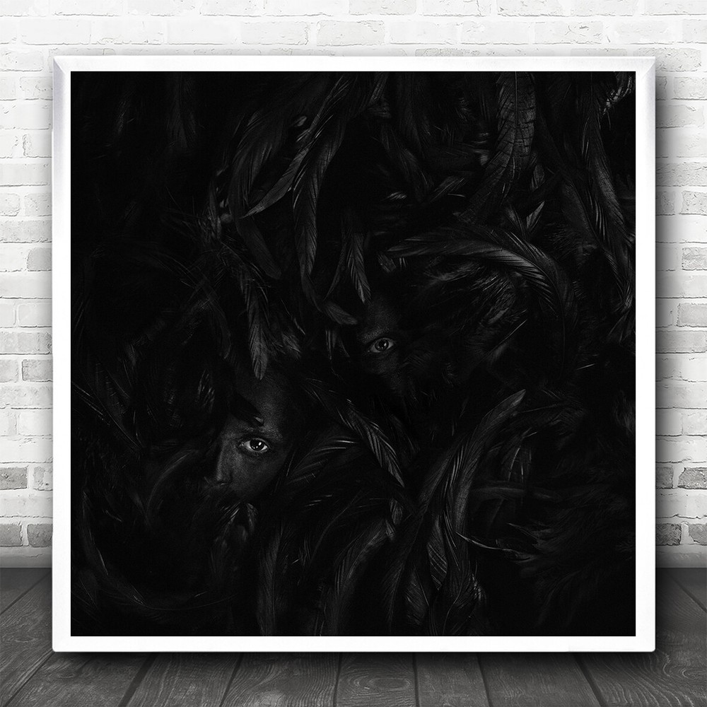 Dark Anonymous Eyes Black Feathers Illusion Square Wall Art Print