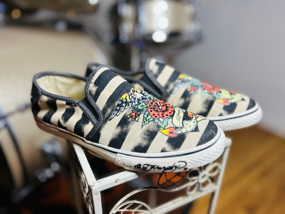 Y2K Ed Hardy Slip On Shoes Sneakers Laceless Rose Bird Rhinestone Blk Women’s 7