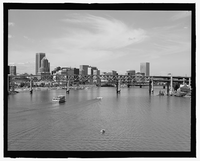 1. Topographic view of Marquam Bridge with downtown Portland's skyline in
