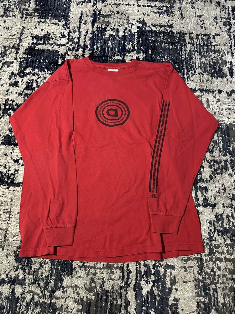 Vintage 90’s Adidas Mens Red Long Sleeve Graphic Shirt Left Arm Embroidery L
