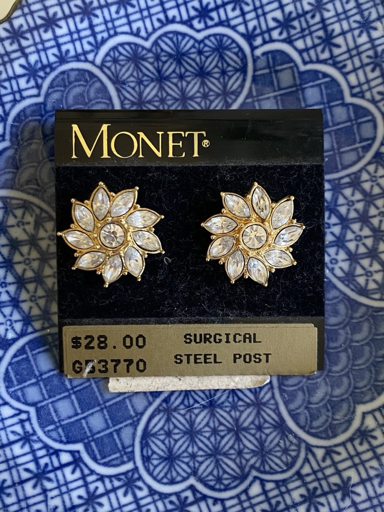 New Vintage Monet Rhinestone Flower Stud Earrings