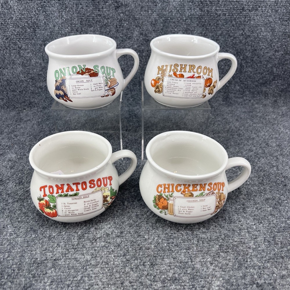 Vintage Set of 4 Recipe Ceramic Soup Mug Bowls Onion Tomato Chicken Mushroom