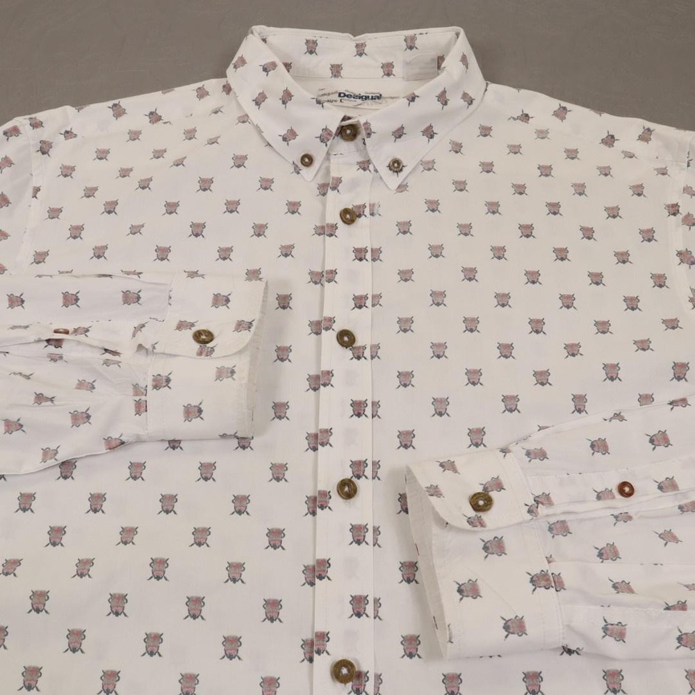 Desigual Bug Print Button Shirt Mens Large White Long Sleeve Graphic Embroidered