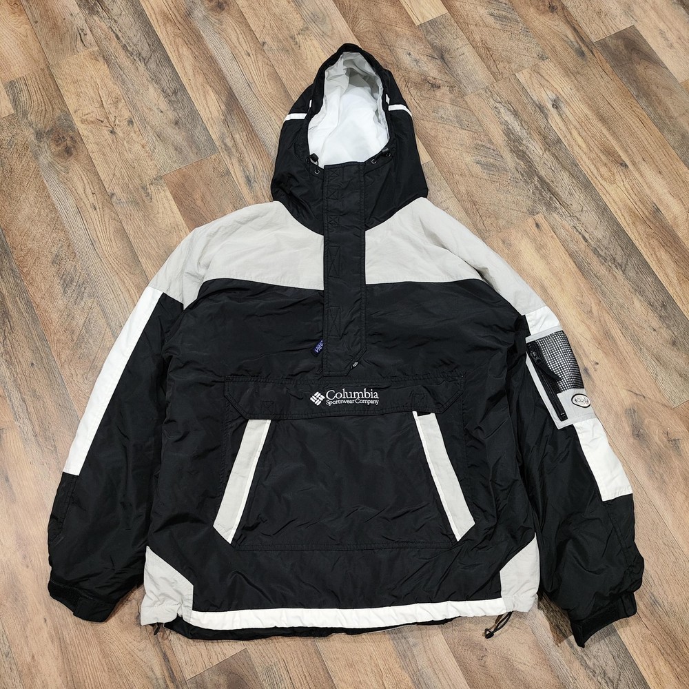Vintage Columbia Jacket Mens XL Black Gray Hooded Anorak Pullover Ski 90s