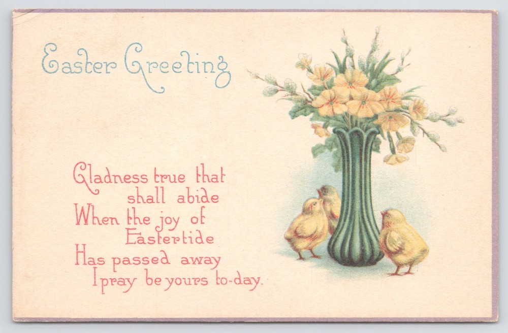 Holiday~Yellow Flowers Chicks & Easter Greeting Poem~Vintage Postcard