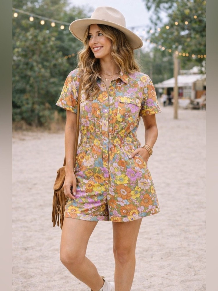 Show Me Your Mumu Cannon Romper 2XX Groovy Blooms Floral Denim Button Front