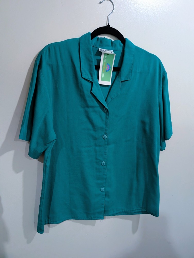 Vintage 80s 90s Teal Green Women's M Rayon Button Up Shirt Short Sleeve