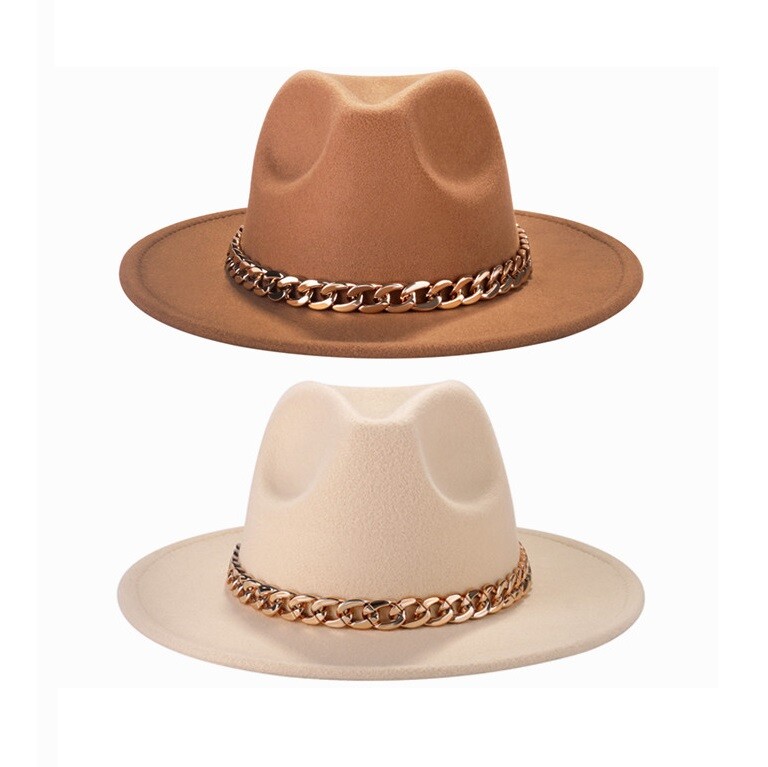 2pcs Men Women Wide Brim Fedora Hat Cuban Chain Band Winter Autumn Felt Jazz Hat