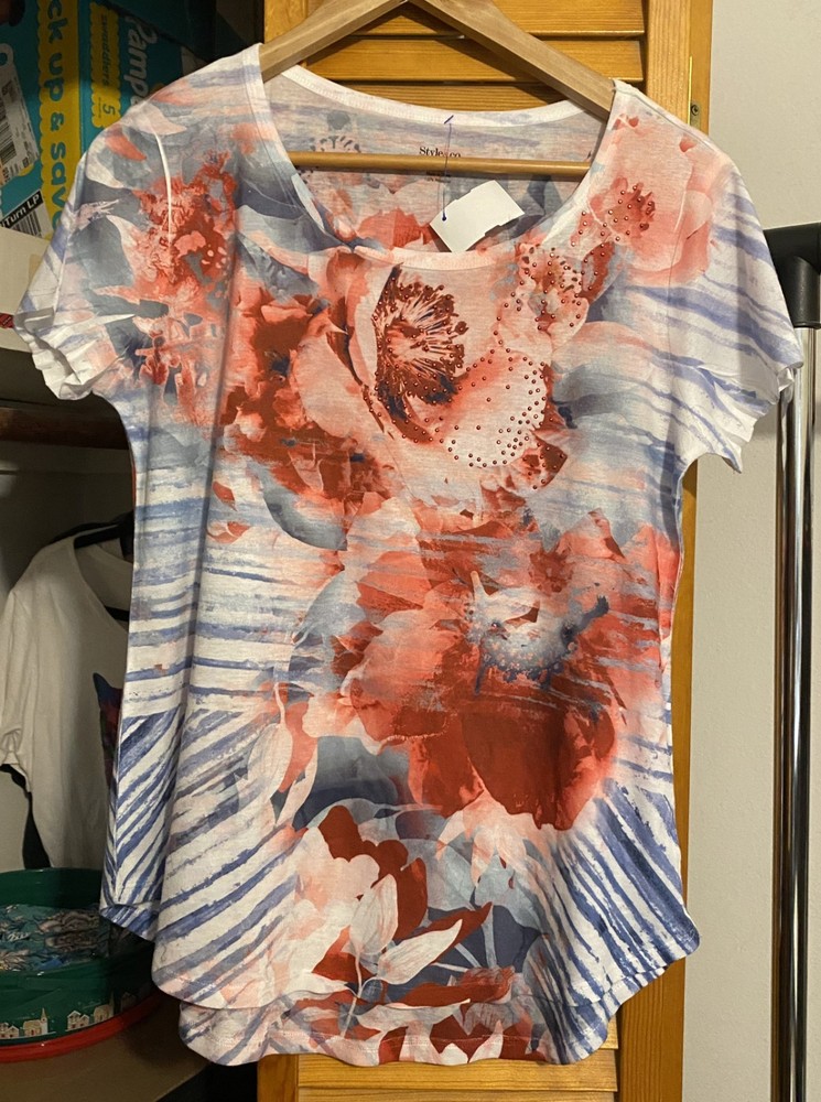 STYLE & Co. Coral/White/Pink/Blue Embellished Watercolor Abstract Top MEDIUM
