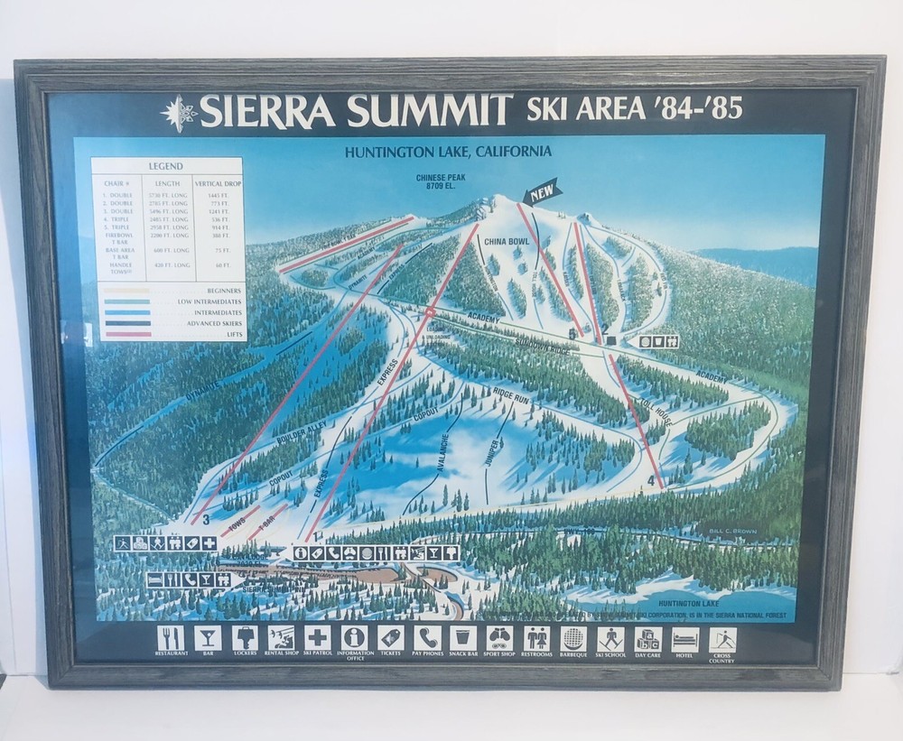 Vtg Sierra Summit China Peak 84/85 Trail Map Framed Poster California Ski Resort