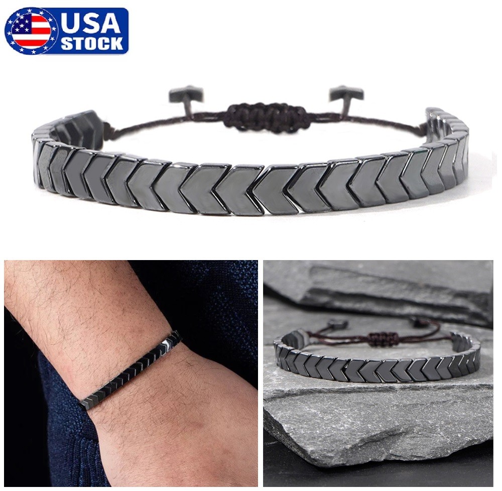 Men's Protection Bracelet Natural Hematite Stone Braided Bracelet Arrow Bracelet