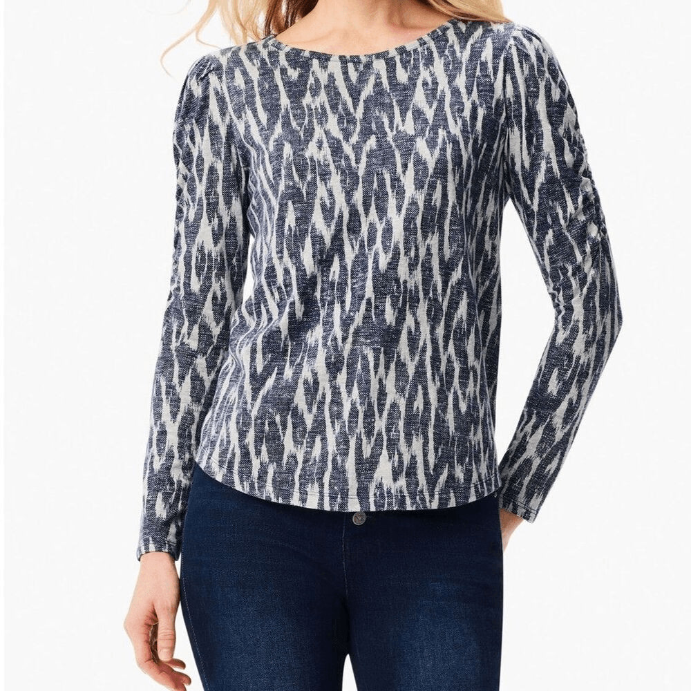 NZT Nic+Zoe Ikat Navy Blue and Gray Long Sleeve Ruched Tee Women's Size XL