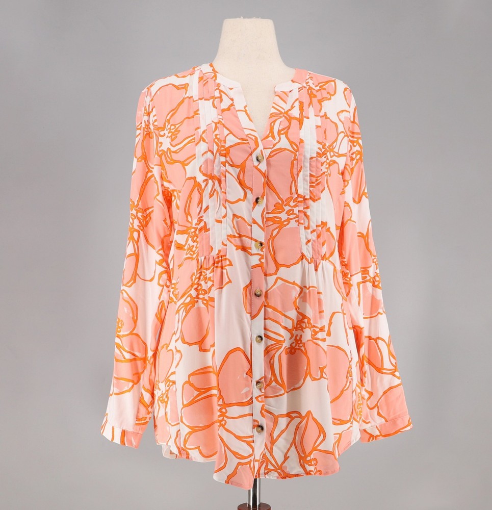 MAEVE ANTHROPOLOGIE Coral Orange Pin-Tuck Button Up Tunic Top Roll Tab Size L