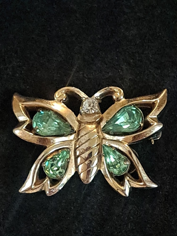 Vintage Barclay Silver Tone Uranium Stones Butterfly Brooch