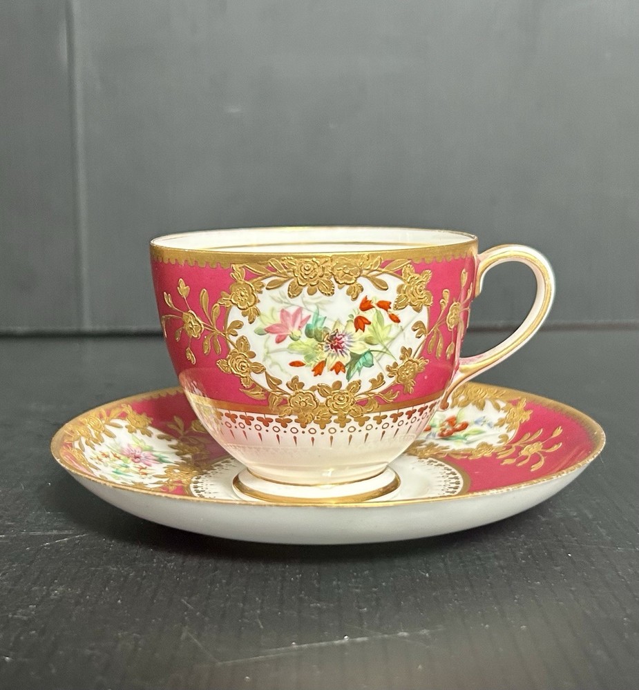Antique Old Pairs Style Gold Encrusted Hand Painted Floral Cup & Saucer Set