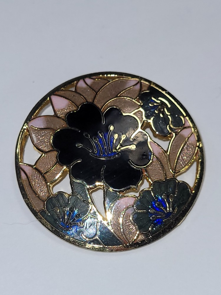 Vintage Cloisonné Enamel Flower Brooch Pin Gold Tone Black Blue Fashion Jewelry
