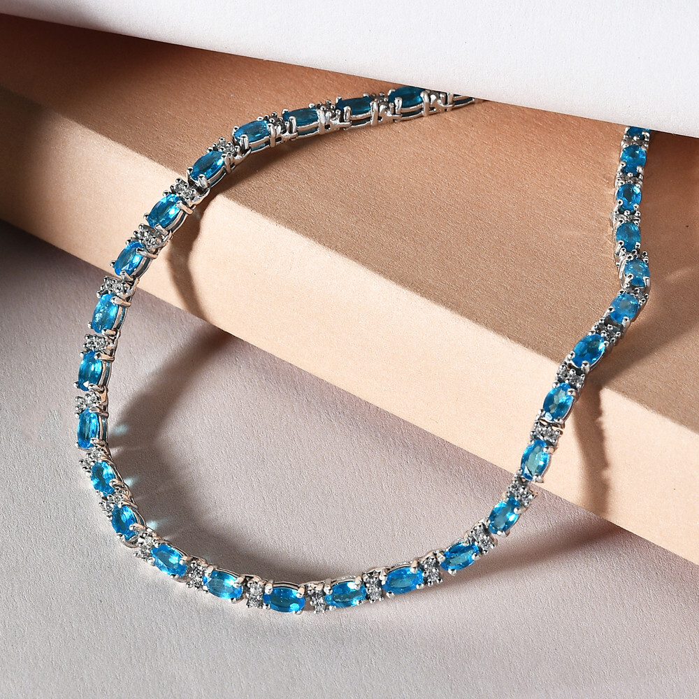 Natural Switch Blue Topaz & Moissanite Oval Tennis Necklace  925 Sterling silver