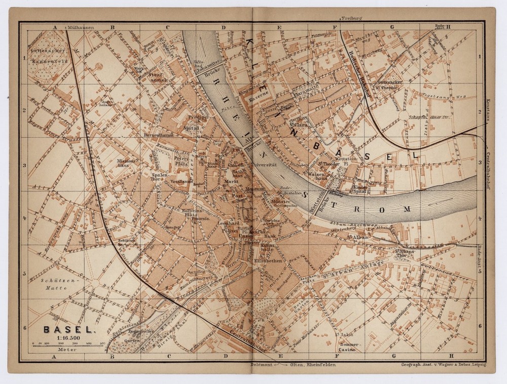 1893 Original Antique City Map Of Basel / Switzerland