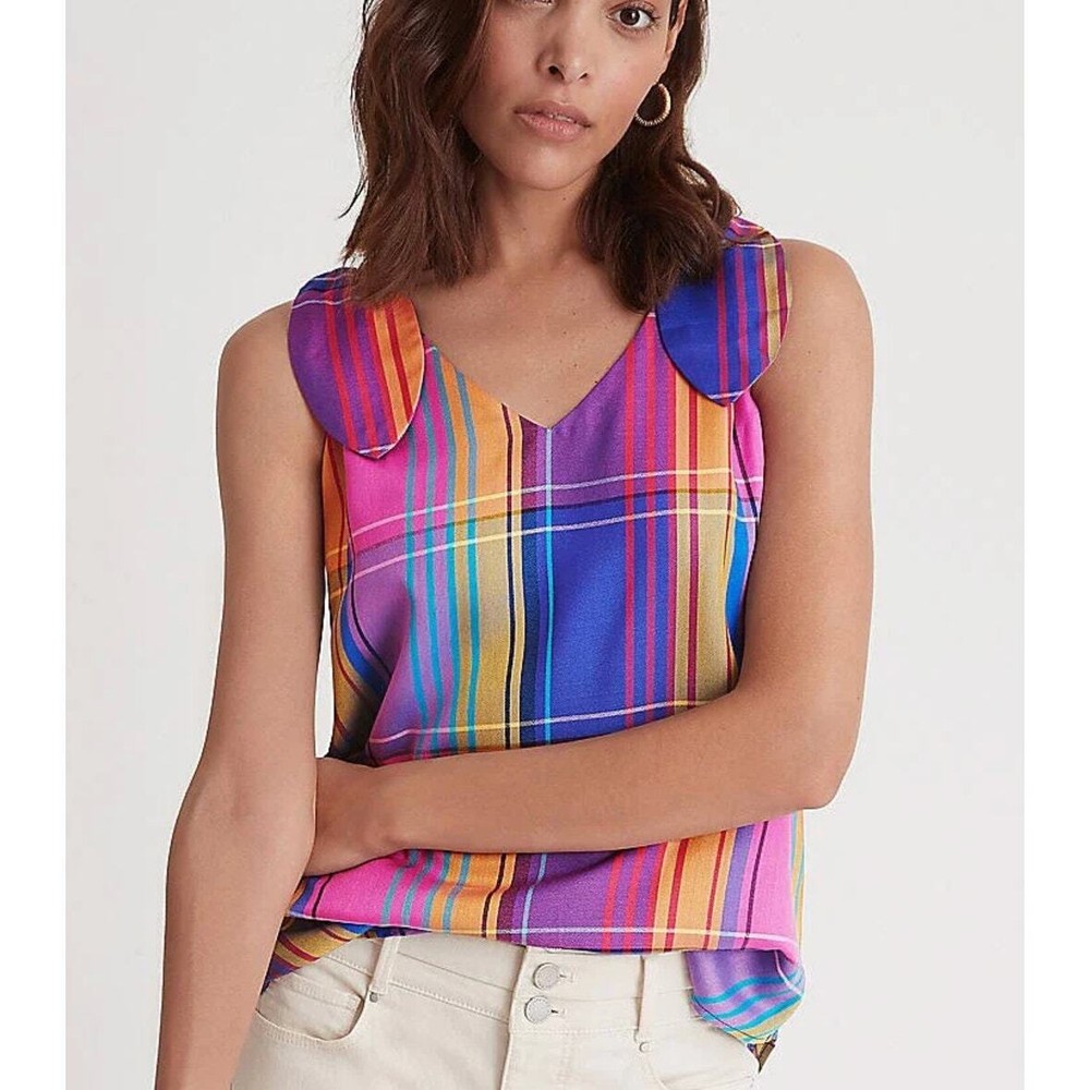 Ann Taylor Madras Plaid Tie Shoulder Tank Top Night Sky size XS