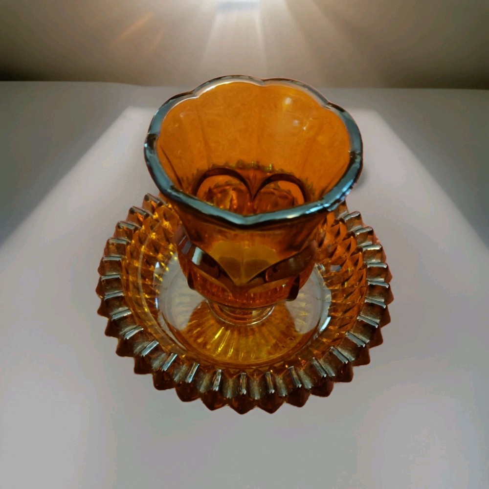Vintage  Amber  Indiana Glass  Diamond Point  Votive Candle Holder Two-Piece EUC