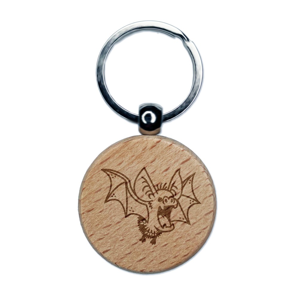 Fuzzy Little Cartoon Bat Halloween Engraved Wood Round Keychain Tag Charm