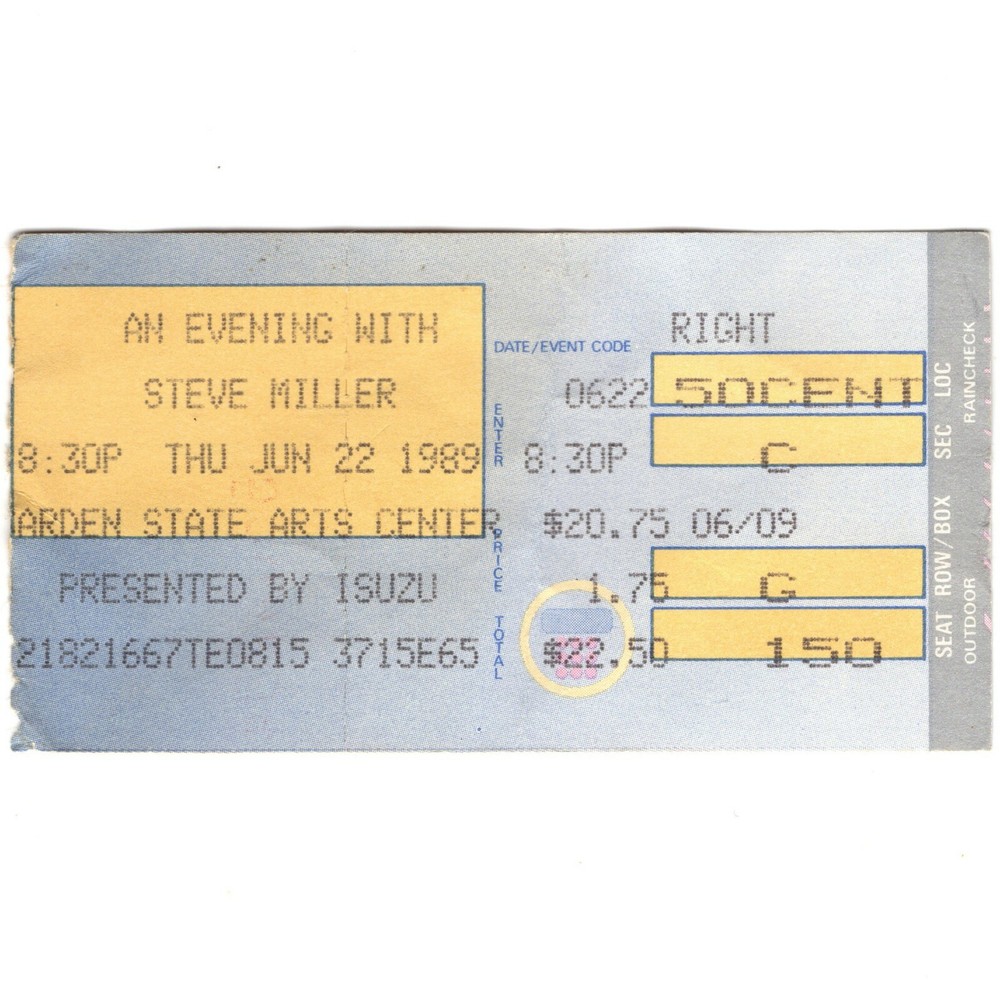 Rare Steve Miller Band Concert Ticket Stub Holmdel NJ Garden State Arts 6/22/89